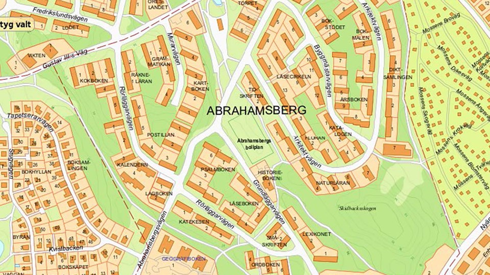 Karta över Abrahamsberg med området inringat i rött.