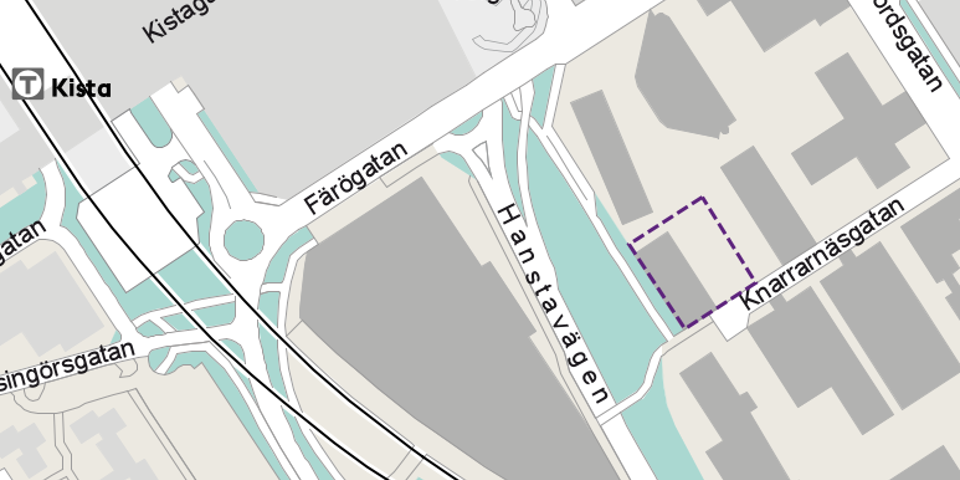 Kartbild över ett område i Kista söder om Jan Stenbecks torg. Planområdet är markerat med en lila streckad linje