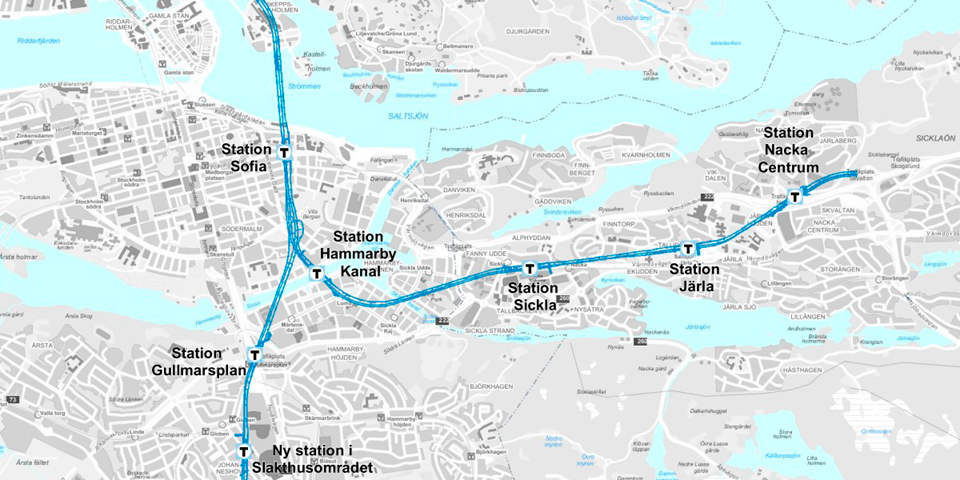 Karta över Stockholm med den nya tunnelbanelinjen utmarkerad.