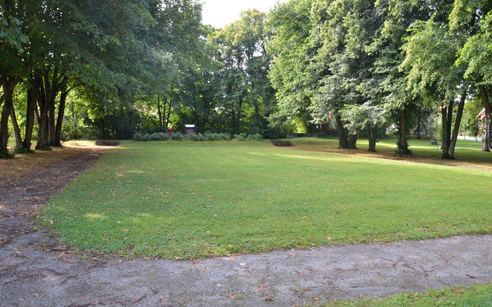Parkmiljö med gräsmatta inbäddad av uppvuxna träd och gångbana. Foto
