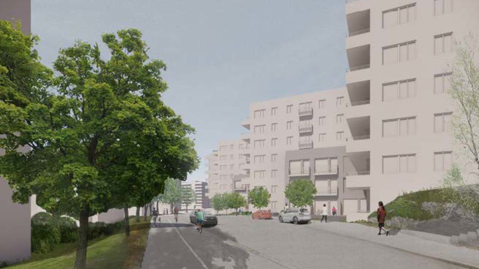 Vy längs med gata med trottoar på båda sidor, på båda sidor planerad bebyggelse av flerbostadshus, illustration. 