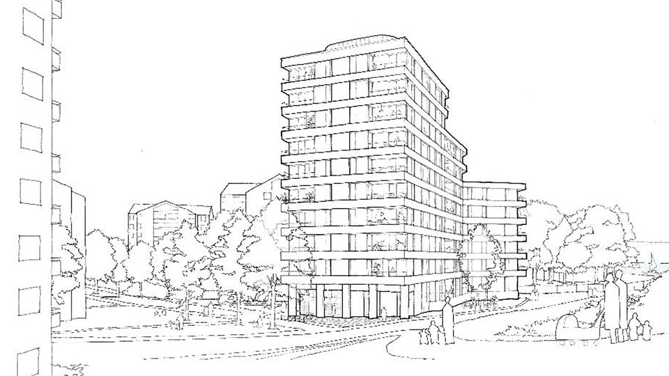 Illustration med byggnad i mitten och träd vid sidan om huset.