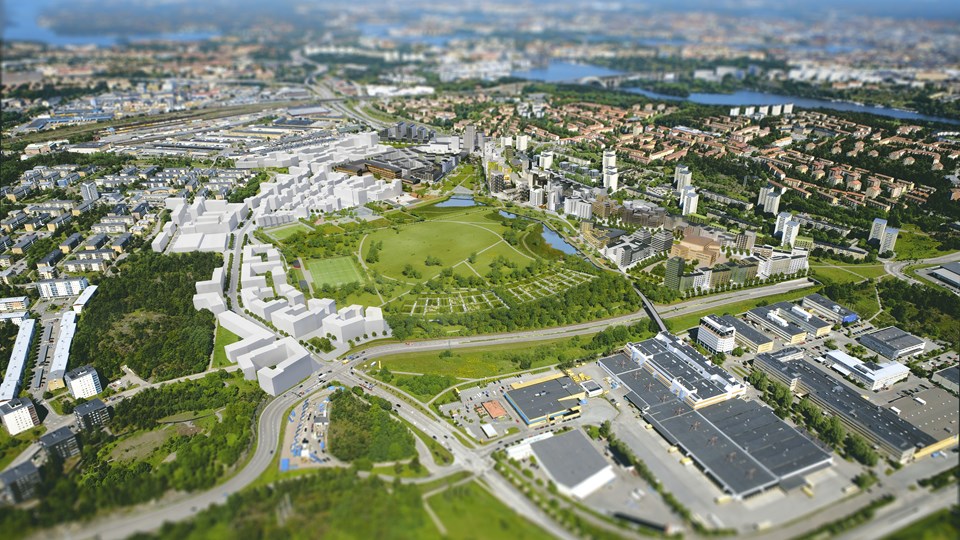 Flygbild över området där de nya byggnaderna är utmarkerade.