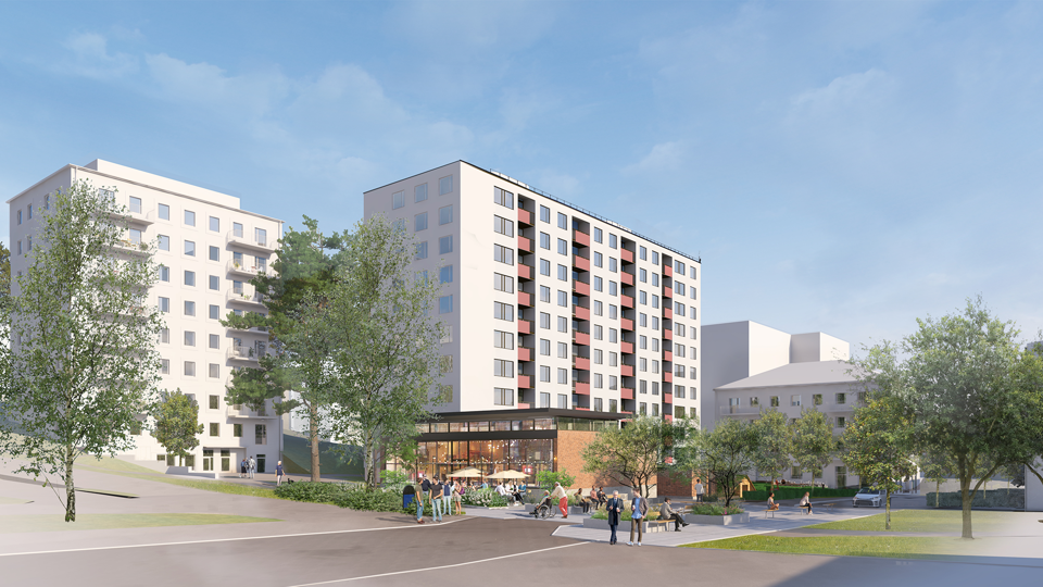 Bild över torg med tre höga bostadshus och en paviljong byggnad. 
