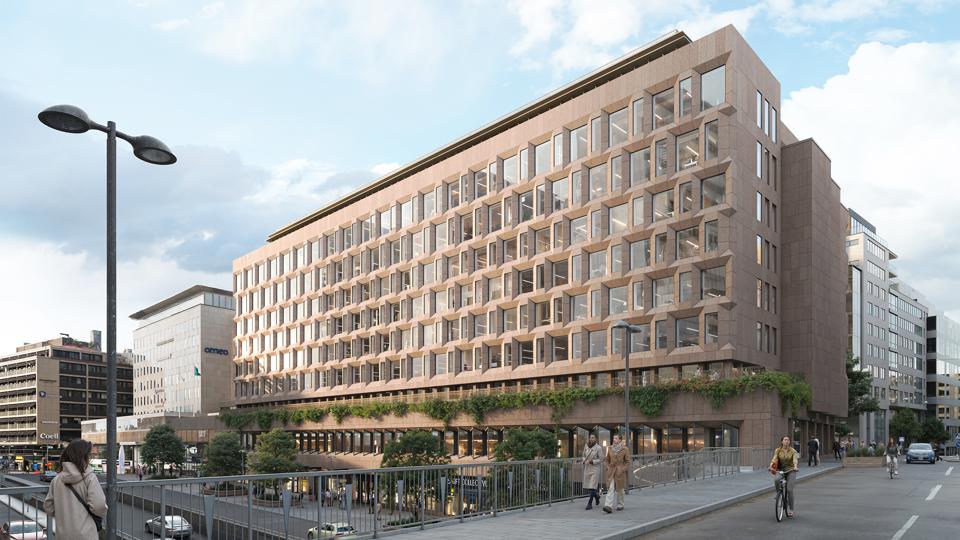 Illustration av en ny byggnadsfasad mot Sveavägen med modern design och en stilren gavelfasad mot Malmskillnadsgatan.
