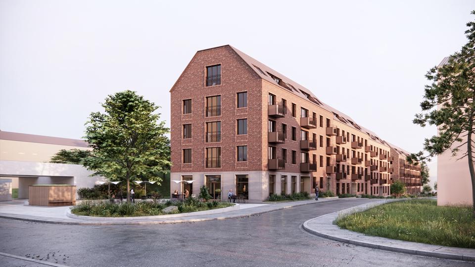 Visionsbild av planförslaget från Kärrtorpsvägen.