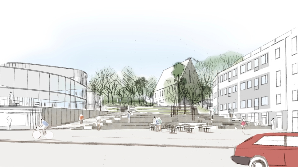 Torgyta vid tunnelbanestation, trappa mellan station och flerbostadshus, sittplatser, träd, människor i rörelse, illustration.