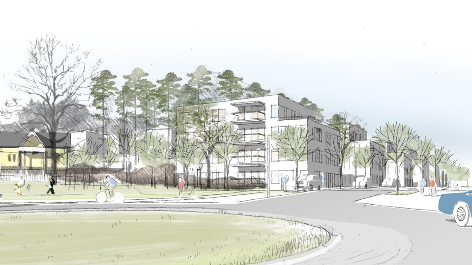 Vy från rondell mot flerbostadshus, människor i rörelse, illustration.