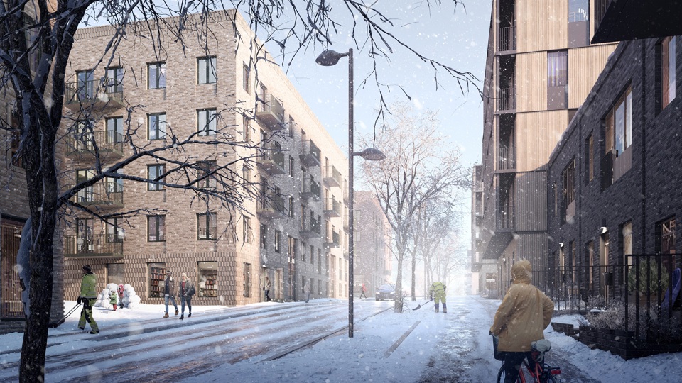 Vy längs med väg med omgivande flerbostadshus, snö, människor i rörelse, illustration.