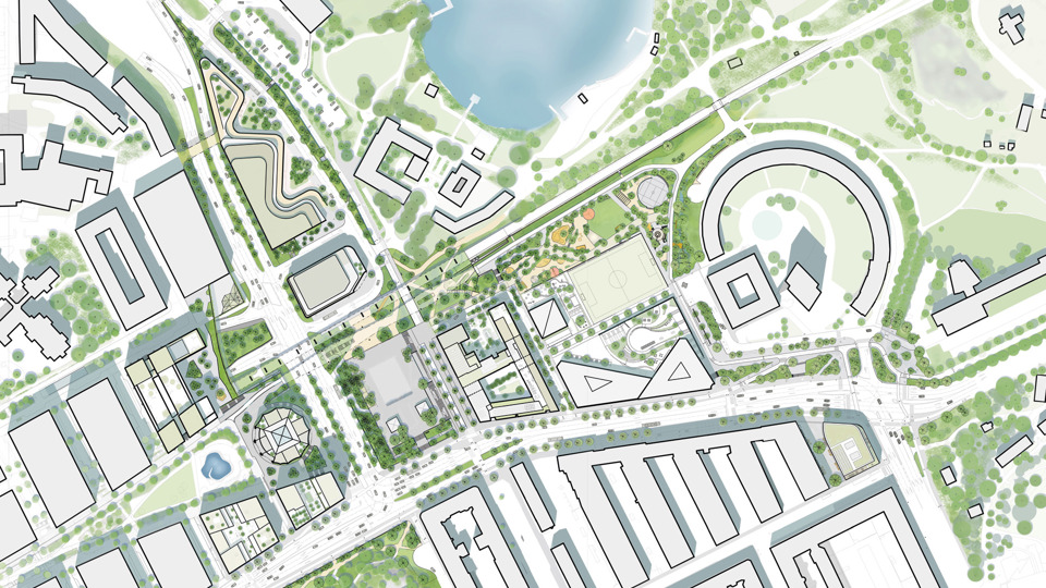 An illustrative plan of East Hagastaden showing proposed urban developments, green spaces, pathways, and building layouts.