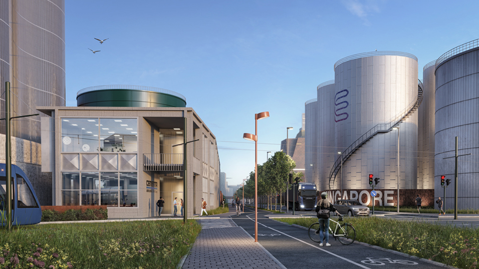 Visualisering av gata som kantas av hus och cisterner. Människor som promenerar och cyklar. Illustration. 
