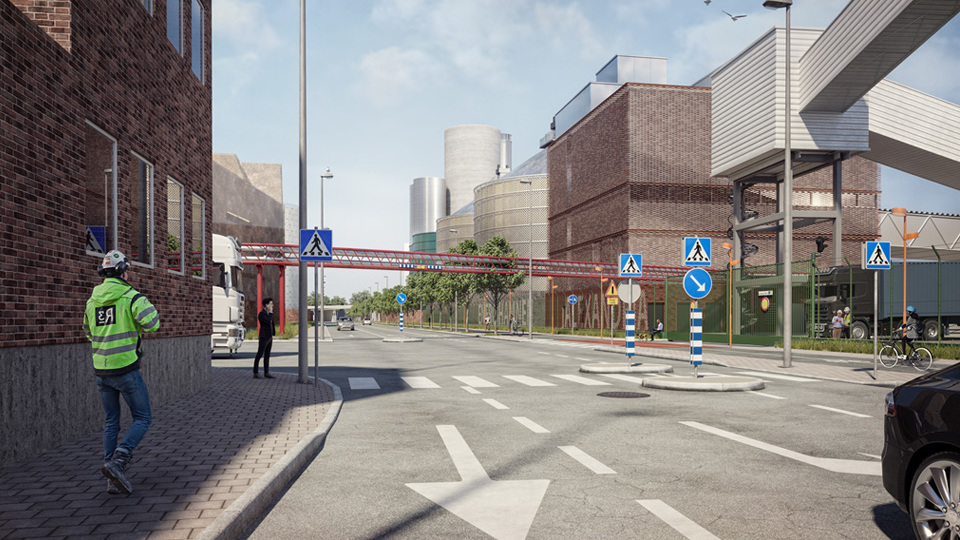 Visualisering av gata med industribyggnader. Människor som promenerar på trottoar. Illustration.