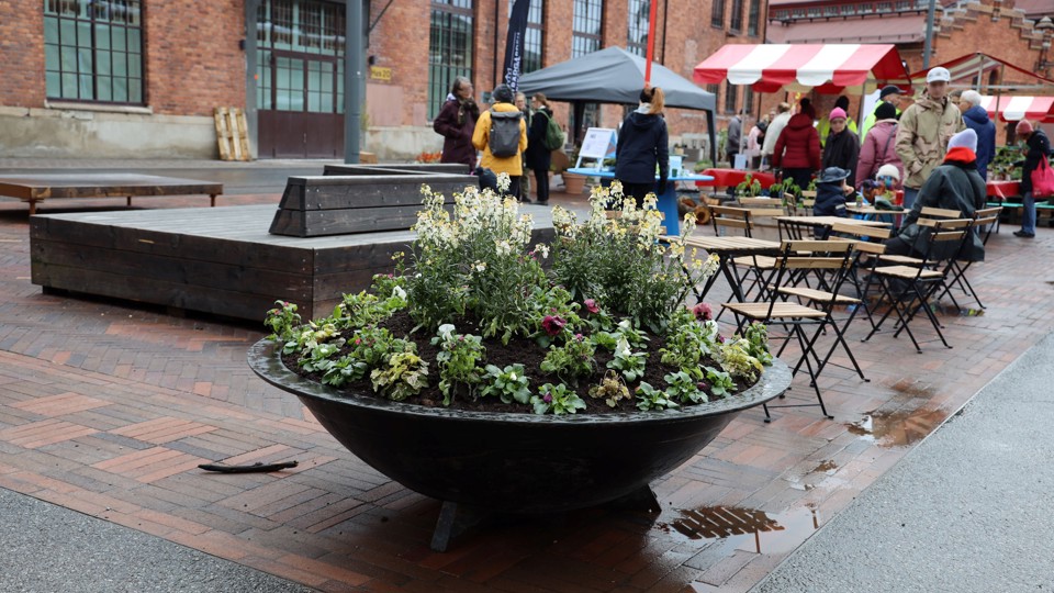 Blomkruka med växter. I bakgrunden syns människor på ett torg. 