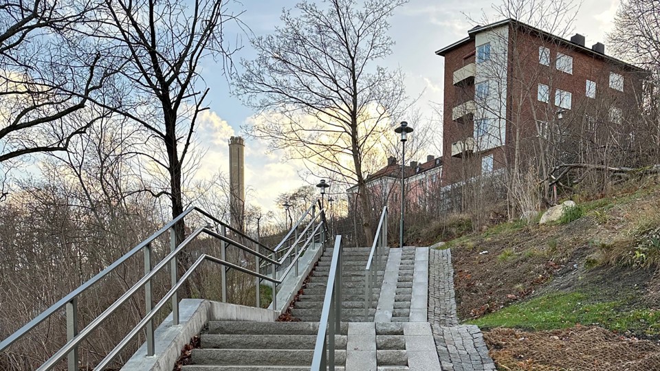 Stentrappa i en park. Flerbostadshus syns till höger. 