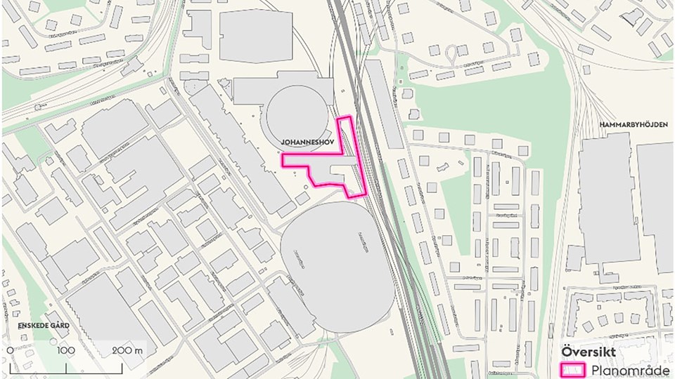 Planerad utbyggnad av Quality Hotel Globe markerad med rosa linje.