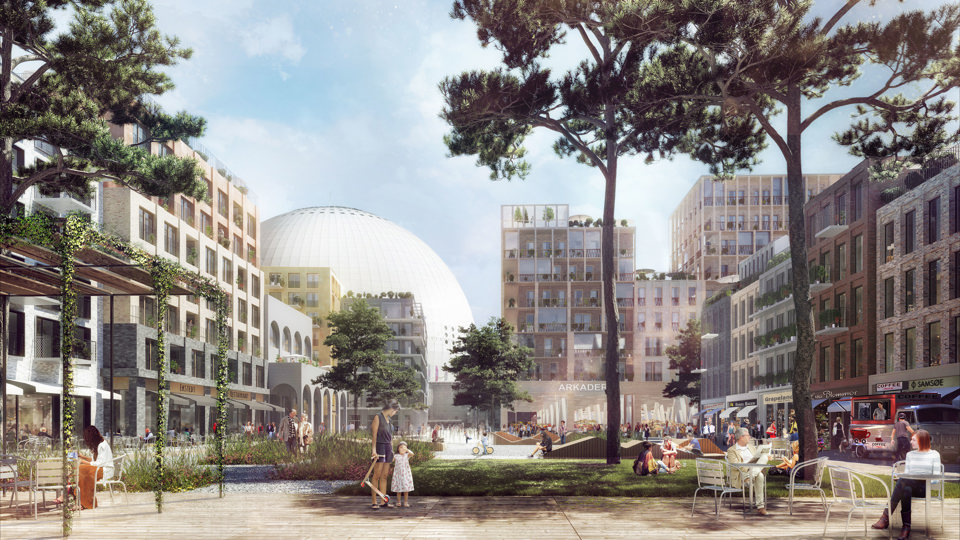 Illustration över ett torg med flerbostadshus runtom och Globen strax bakom.