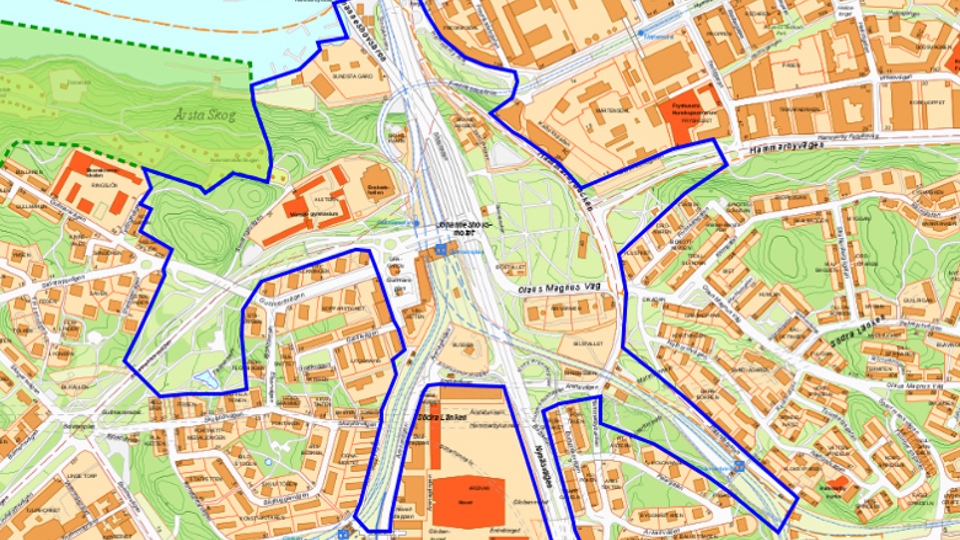 Kartbild där området Gullmarsplan-Nynäsvägen är markerat.