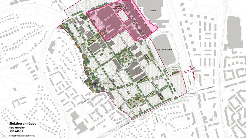 Strukturplan med kulturkvarteren (2A) i röd heldragen linje. Byggnader som föreslås sparas är markerade med grått.