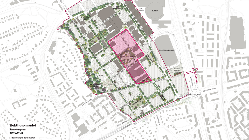 Strukturplan för etapp 2B Centrala kvarteren i röd heldragen linje. Byggnader som föreslås sparas är markerade med grått.