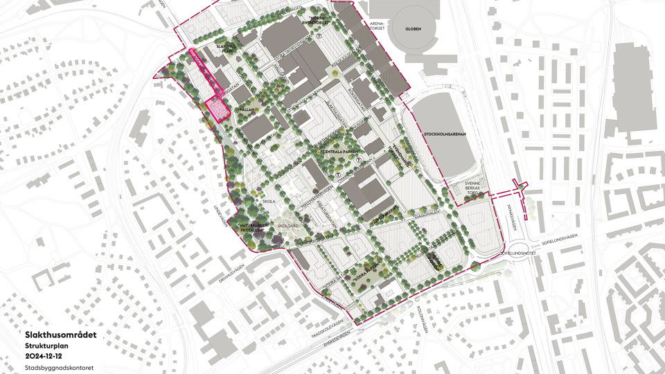 Strukturplan med gymnasiekvarteret (2C) i röd heldragen linje. Byggnader som föreslås sparas är markerade med grått.