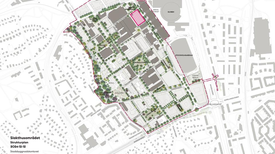 Strukturplan med tunnelbanekvarteret (2D) i röd heldragen linje. Byggnader som föreslås sparas markerade i grått.