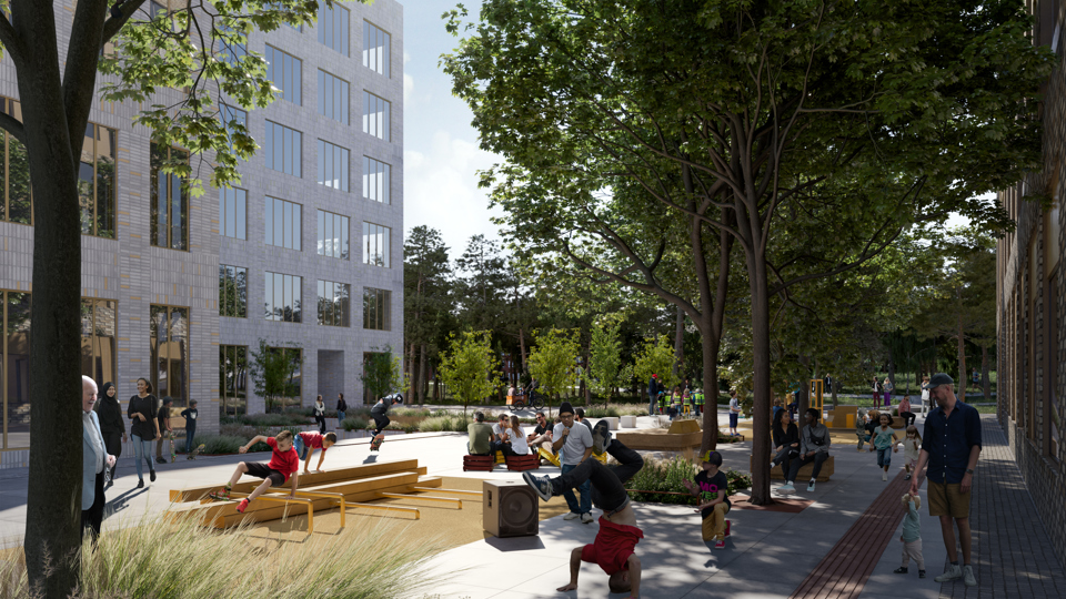 Visionsbild för målet om gaturum som mötesplatser, illustration Nyréns arkitekter.