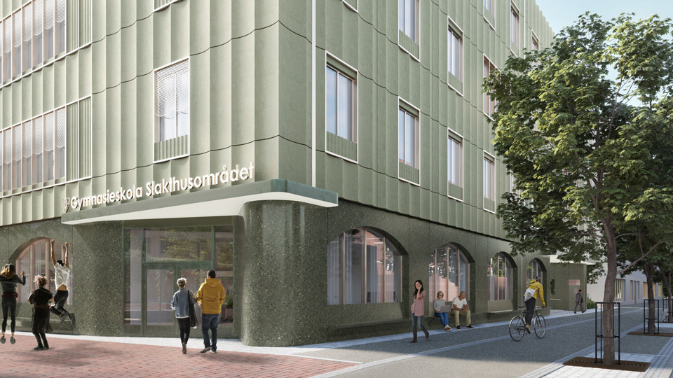 Visionsbild på entrén till den nya gymnasieskolan i Slakthusområdet. Illustration: Cedervall arkitekter