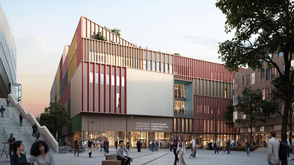 Visionsbild kvällstid SKH mot Premiärtorget. Illustration Atrium Ljungberg AIX Arkitekter.