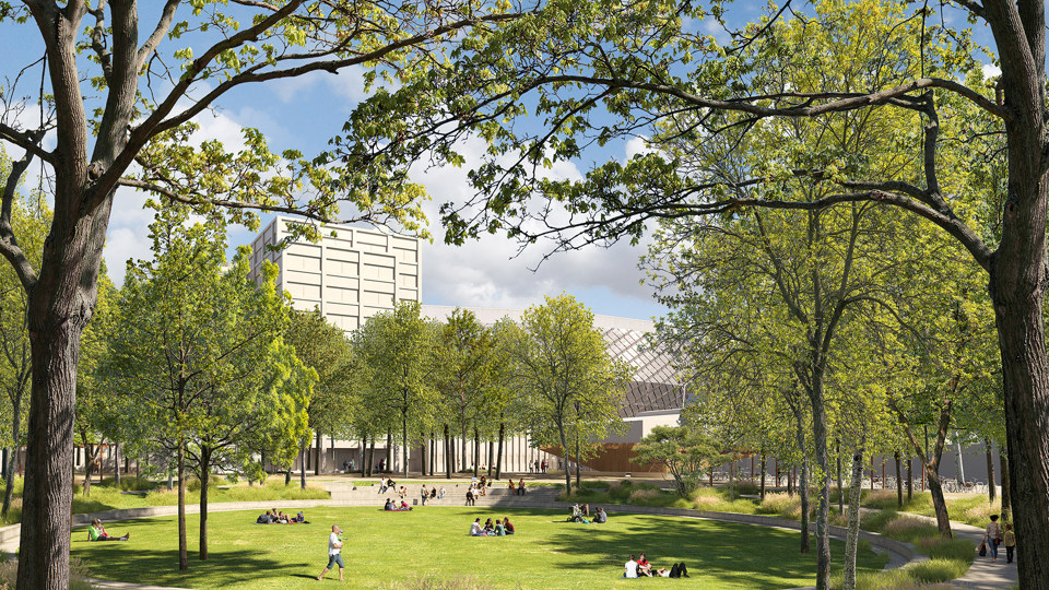 Visionsbild över Centrala parken i Slakthusområdet med stor rund gräsmatta och sittgradänger och trädplanteringar runt om. Illustration: Nyréns arkitekter