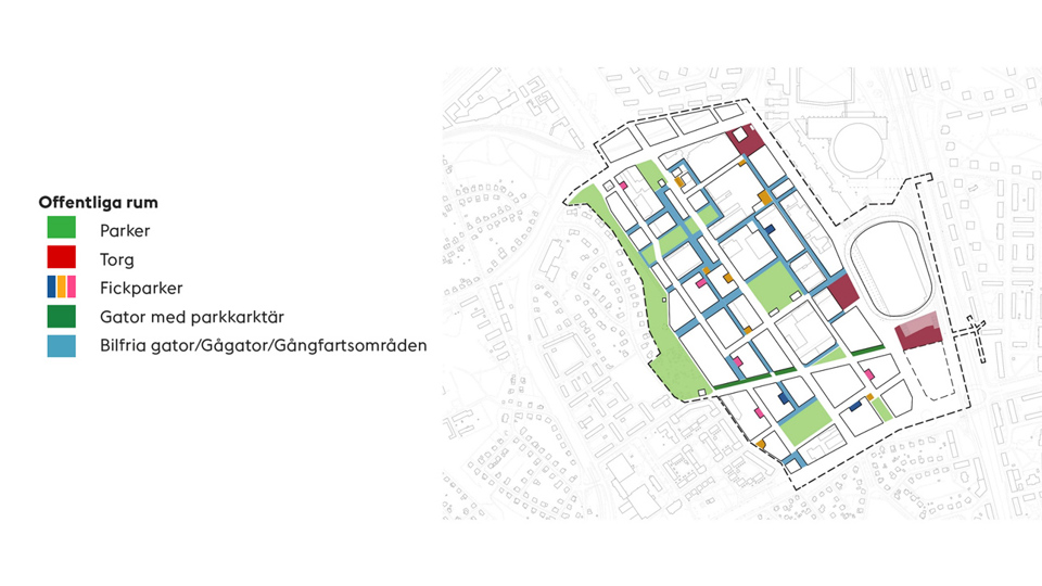 Illustration från Kvalitetsprogram för offentliga rum som visar Slakthusområdets offentliga rum.