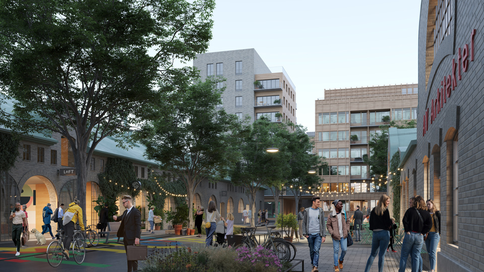Visionsbild för målet om utveckling med respekt för historia och arkitektur, illustration Nyréns arkitekter.