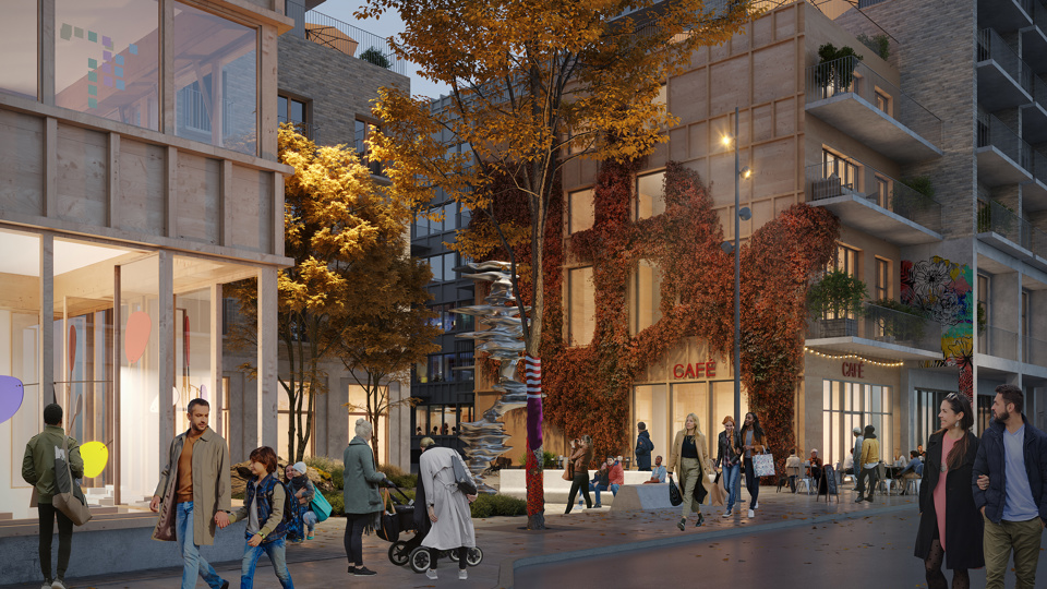 Visionsbild för målet om välkomnande blandstad, illustration Nyréns arkitekter.