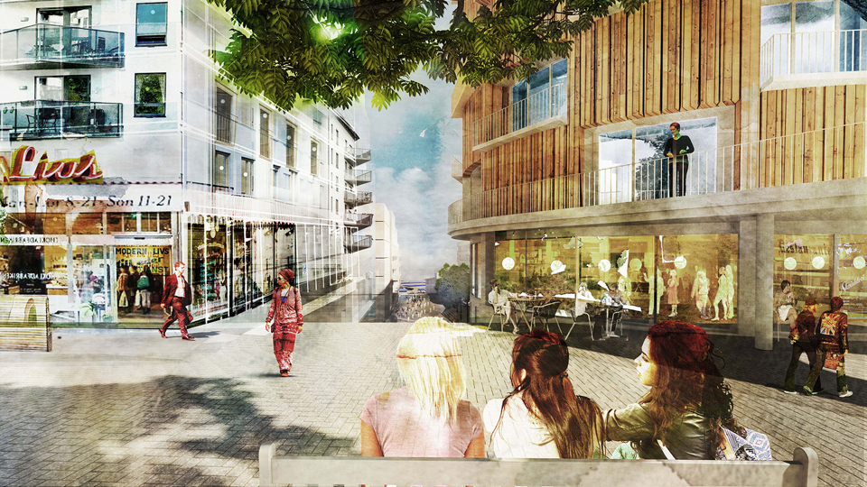 Stationstorget med vy ut över vattnet och olika  byggnader. Torget har gatusten och butiker och caféer. Människor rör sig över torget. En vit byggnad med livs i bottenvåningen, sedan trappan ner mot ALvik strand. På andra sidan trappan en välvd byggnad i trä med stora fönster i bottenvåning med restaurang, illustration.
