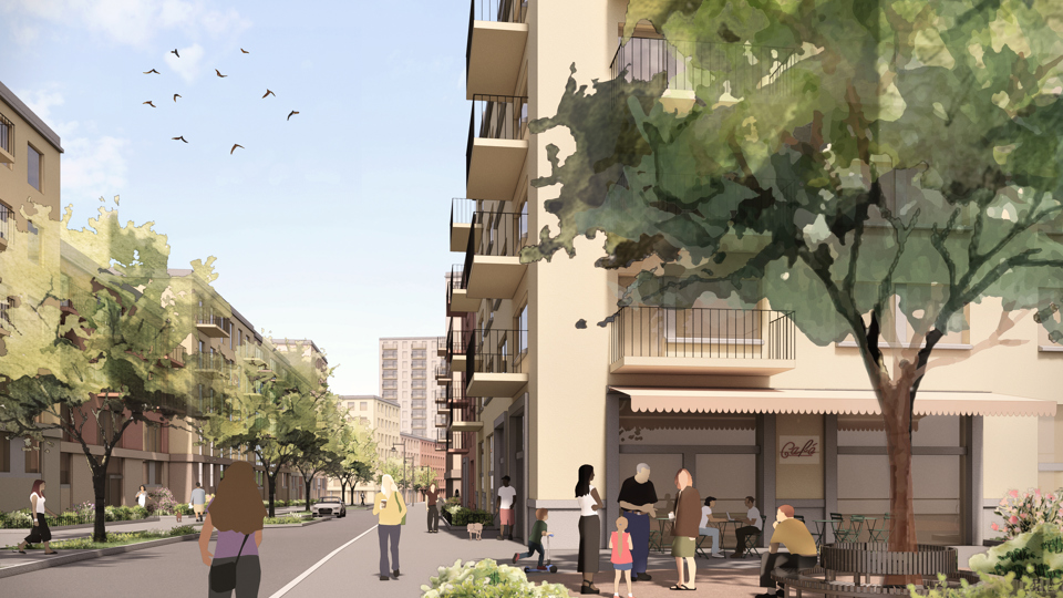 Visionsbild över lokalgata med förgårdsmark längs gatan. Illustration: Murman Arkitekter