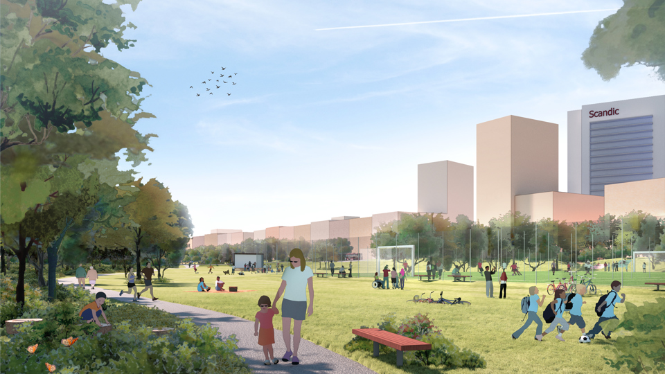 Visionsbild över Råby gärde i Älvsjödalen, västerut mot Huddingevägen. Illustration: Murman arkitekter