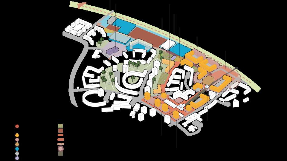 Vy över föreslagen bebyggelse i området, 3D-illustration.