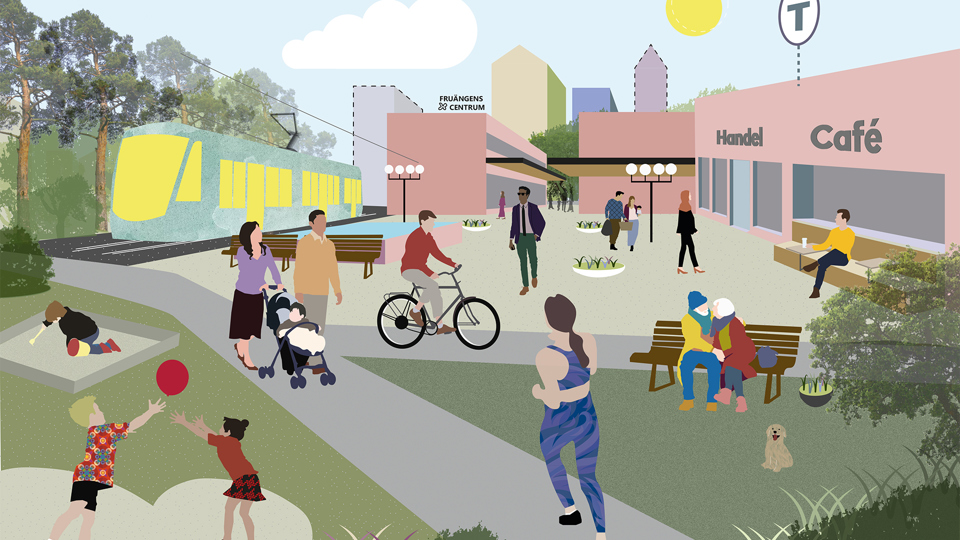 Vy över torg med människor i rörelse, entré till tunnelbanestation, till vänster syns tunnelbana på spår, illustration.