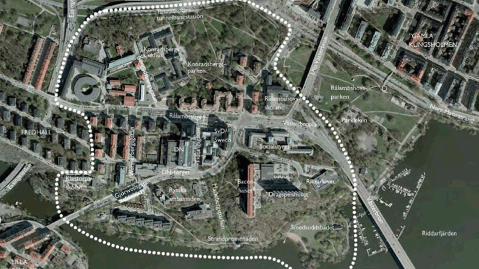 Karta över området med stadsutvecklingsområdet markerat med streckad linje.