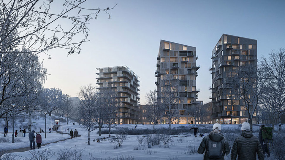 Tre höga hus med sneda tak. Vid huset finns flera trä och en gångväg. Människor i rörelse, snö, illustration.