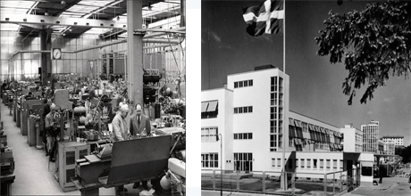 Kollage med två bilder, den ena visar insidan av en fabrik med arbetare, den andra visar en byggnad med en svensk flagga, fotografier.