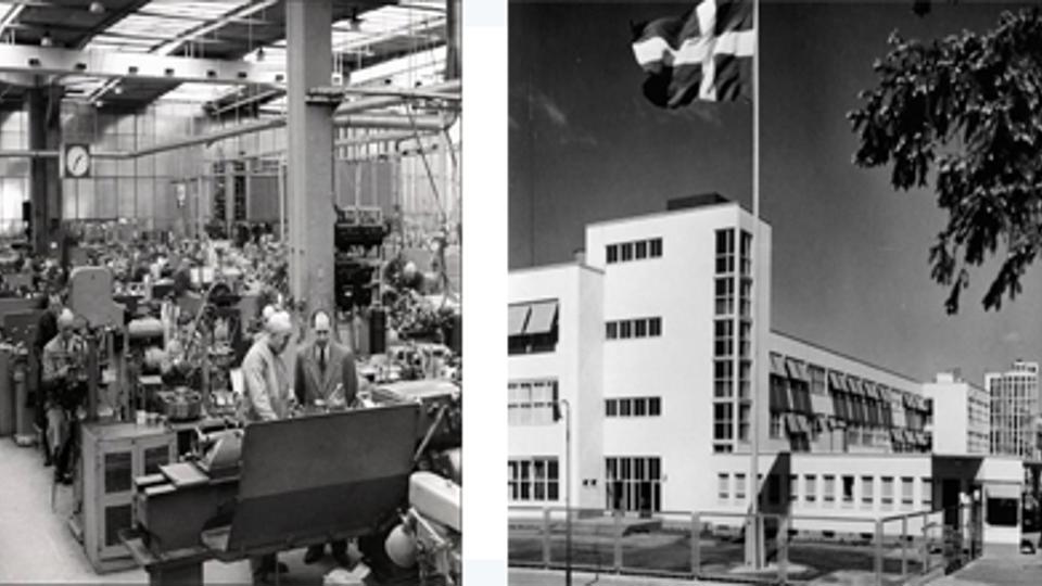 Kollage med två bilder, den ena visar insidan av en fabrik med arbetare, den andra visar en byggnad med en svensk flagga, fotografier.