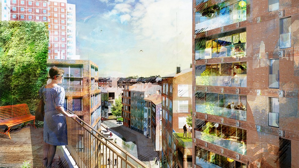 Vy från terrass mot omgivande flerbostadshus i stadsmiljö, illustration.
