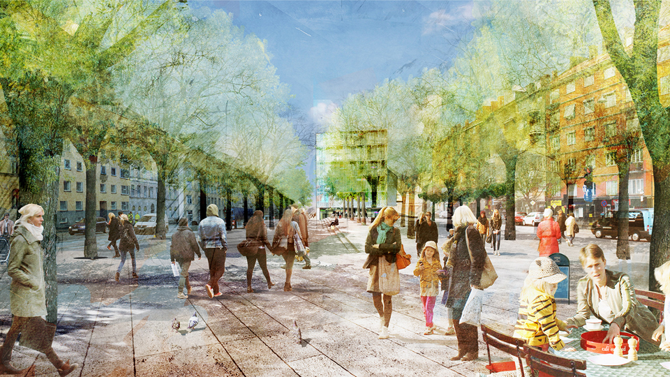 Esplanad med människor i rörelse, stadsmiljö, illustration.