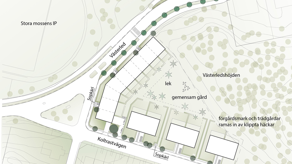 Situationsplan över östra delen med ny bebyggelse.