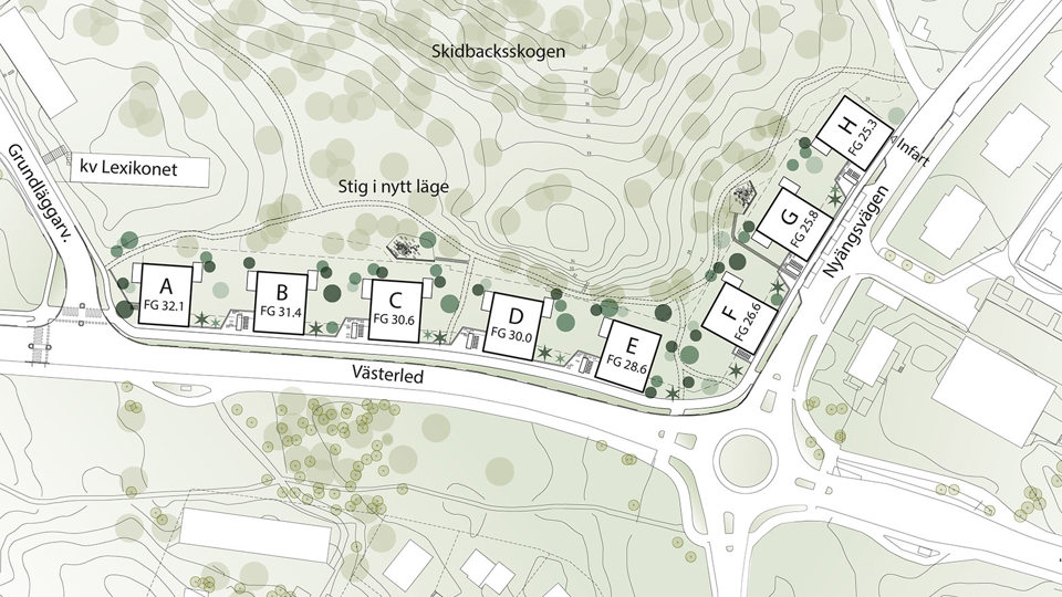 Situationsplan över västra delen av området med ny bebyggelse utritad.