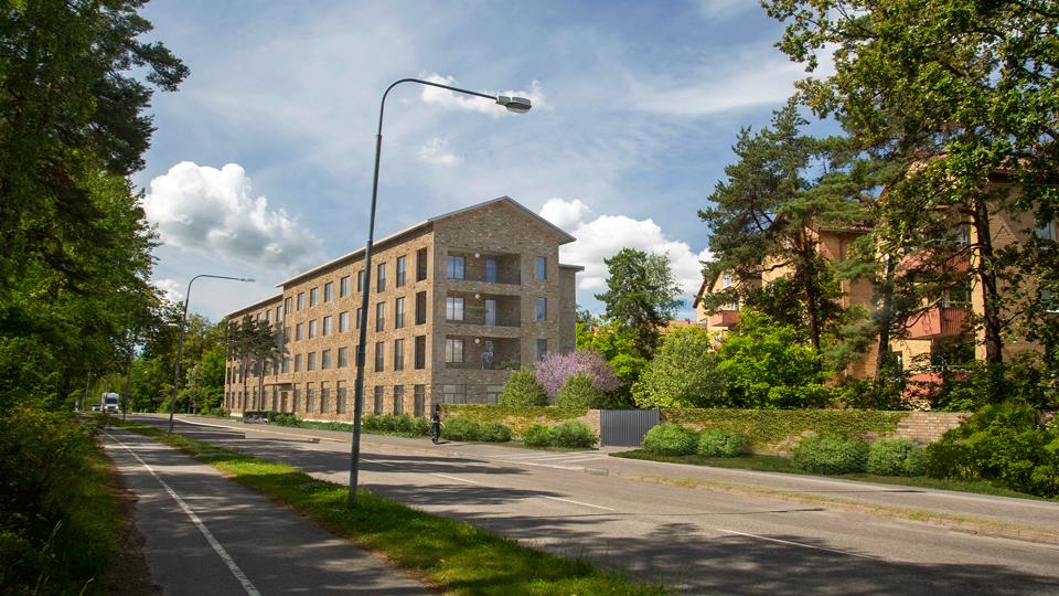 Bilväg kantad med träd. Omsorgsboendet sett snett framifrån, fotomontage.