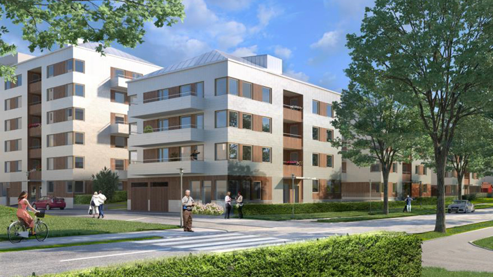 Vy mot flerbostadshus i korsning, människor i rörelse, illustration.