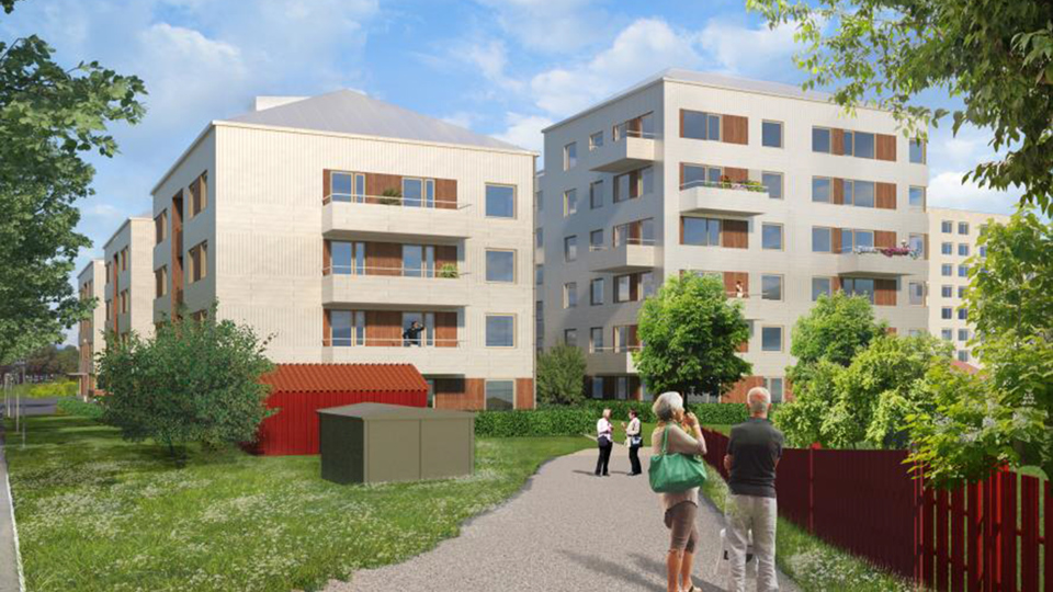 Vy mot flerbostadshus, i förgrunden syns människor i rörelse och gröna ytor, illustration.
