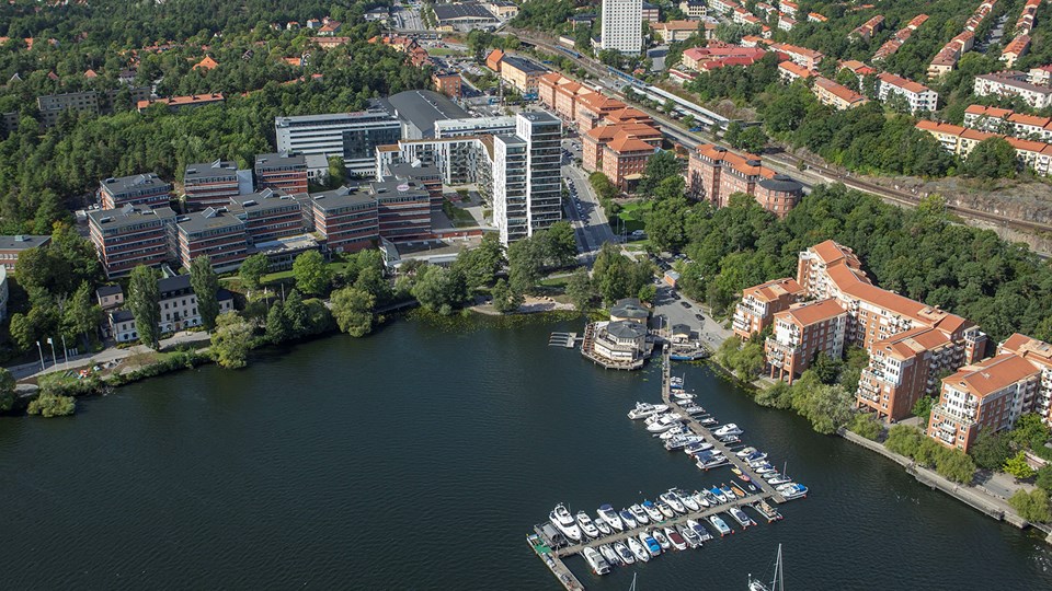 Flygfoto över Tranebergs strand med kontorshus, bostadshus och båtar vid båtklubb.