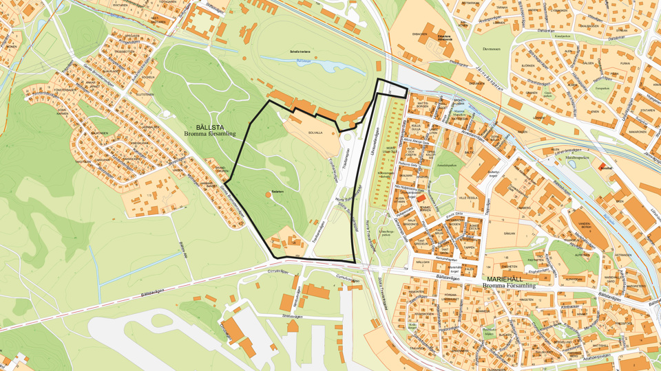 Kartöversikt över området med ungefärligt planområde markerat.
